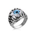 Retro punk style silver alloy ring with a realistic blue demon eye in a claw setting - Grinning Devil Eye
