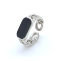 Minimalistischer silberner offener Ring mit schwarzem Emaille-Inlay für Damen und Herren - Kette Schwarzes Rechteck (Verstellbar) / Silber
