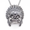 Collana teschio indiano punk con ciondolo a corona di piume su catena a maglia - Argento