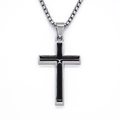 Minimalist silver stainless steel cross pendant necklace with black inlay on box chain - Silver Black