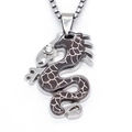Stainless steel square bead chain with a detailed silver and black dragon pendant - Silver