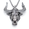 Men's retro stainless steel necklace featuring a detailed bull head pendant and pearl chain - Silver