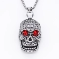 Gothic Edelstahl Totenkopf Halskette mit roten Edelsteinaugen und quadratischer Kette - Silber