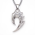 Detail view of silver cone pendant necklace with serrated edges and sparkling zircon gem - Silver
