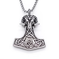 Pendente vichingo in acciaio con testa di ariete e nodi celtici su catena box - Argento