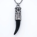 Men's stainless steel necklace with polished black fang pendant and silver coin cap - Silver Black