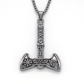 Viking double-sided axe pendant necklace with Norse runes on polished box chain - Silver