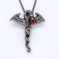 Gotische draak hanger om een kolom met rode edelsteen en vierkante schakel ketting - Zilver