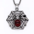 Collana punk gotica con ciondolo a ragnatela esagonale e pietra rossa in argento acciaio - Argento