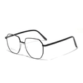 Minimalist black stainless steel hexagonal glasses frame with transparent lenses shown at 45-degree - Black
