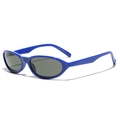 Futuristic Y2K sunglasses with glossy blue oval frames and dark lenses on white background - Blue Frame Grey Lens