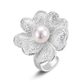 Handcrafted brushed S925 silver orchid ring with central pearl and adjustable band - Adjustable Open / Natural Bread Pearl