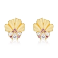 Vintage golden ginkgo leaf earrings with brushed texture and pear-cut pink crystals - 925 Silver / Gold