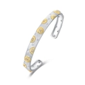 Brushed S925 silver open bangle with gold daisy accents and sparkling zirconia stones - 925 Silver / Bright Silver + 10K Gold
