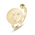 Anillo abierto de plata S925 dorada con disco cepillado, gema verde y pequeños diamantes - Abierto Ajustable / Leo (Peridoto Natural)