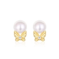Elegant 925 silver bow stud earrings with freshwater pearls and gold butterfly accents - Freshwater Pearl Bowknot Style (E006095) / 925 Silver