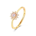 Fashionable S925 silver 9K gold flower ring with opal center and white zircon stones - Adjustable Open / Synthetic Opal