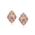 Vintage gold S925 silver earrings with purple enamel border and iridescent opal center - 925 Silver / Opal With 9K Gold Plated