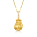 Golden brushed lucky pouch necklace with Fu character and sparkling zircons - 925 Silver / Gold With Chain (N004465)
