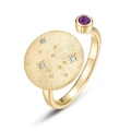 Anillo zodiaco de plata S925 bañada en oro con gema púrpura y circonitas blancas - Abierto Ajustable / Acuario (Amatista Natural)