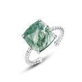 Adjustable S925 silver ring featuring a square moss agate with a unique beaded texture - Adjustable Open / Green Moss