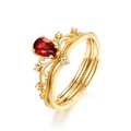 Anillo de corona vintage bañado en oro 10K con granate rojo pera y circonitas blancas - Abierto Ajustable / Estilo Princesa Corona (R006005)