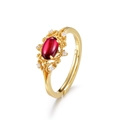 S925 silver gold-plated ring with oval red garnet and vintage filigree detailing - Adjustable Open / Vintage Oval Style (R006000)
