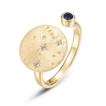 Anillo de plata S925 bañado en oro con gema azul y disco de estrella con textura cepillada - Abierto Ajustable / Virgo (Zafiro de Laboratorio)