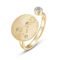 Anillo del zodiaco en plata S925 dorada con acabado cepillado y piedras brillantes - Abierto Ajustable / Piscis (Aguamarina Natural)