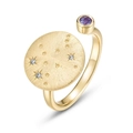 Anillo abierto de plata S925 dorada con disco cepillado de constelación y gema púrpura - Abierto Ajustable / Géminis (Alejandrita de Laboratorio)