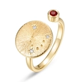 Anillo abierto de plata S925 dorada con textura cepillada de signo zodiacal y gema - Abierto Ajustable / Capricornio (Granate Natural)