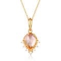 Silver kite-cut pink quartz ring with white zircon halo on gold-plated band - Adjustable Open / Pendant Only (Without Chain) - Pink Quartz