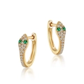 Elegant gold snake huggie earrings with white zircon pavé and green gemstone eyes - 925 Silver / Green Zircon