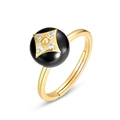 925 silver adjustable ring with black clover onyx and sparkling starburst crystal detail - Adjustable Open / Black Agate
