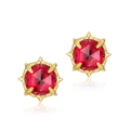 S925 silver red corundum sun flower stud earrings with vintage gold faceted design - 925 Silver / Ruby Red