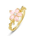 Pink flower adjustable ring in gold finish with waterdrop petals and zircon accents - Sakura Blossom Adjustable Open Ring (R011187) / 925 Silver