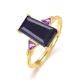 Adjustable gold ring with rectangular blue sandstone and purple side crystals - Adjustable Open / Blue Sandstone