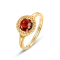 Anillo retro de plata S925 y granate con banda dorada ajustable y gema roja - Abierto Ajustable / Oro de 10K + Granate Rojo