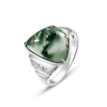S925 sterling silver ring with triangle moss agate and vintage engraved band - US8# / Thick Silver White Gold
