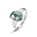 Ring van mosagaat in S925 sterling zilver met een verstelbare bladgegraveerde band - Verstelbaar / Dik Zilver Wit Goud