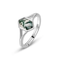 Minimalist S925 silver ring featuring a hexagonal natural green moss agate stone - Open US6# / Thick Silver White Gold