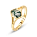 Adjustable S925 sterling silver ring with hexagonal green moss agate in gold finish - Open US6# / 10K Gold + Electrophoretic Lacquer