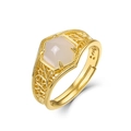 Vintage gold S925 silver ring with hexagonal Hetian jade and carved branch texture - Adjustable Open / 10K Gold + Electrophoretic Lacquer