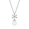 Elegant 925 sterling silver magnolia flower pendant necklace with freshwater pearl - Pendant Only (Without Chain) (Platinum Plated)