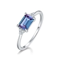 Elegante anello in argento 925 con alessandrite rettangolare e piccoli diamanti laterali - US6# / Oro Bianco Argento Spesso