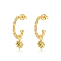 Bohemian gold plated 925 silver C-shape earrings with sunburst pendant and yellow stone - Earrings / 925 Silver