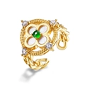 Anello vintage in argento S925 con smeraldo verde, petali di madreperla e fascia d'oro - Aperto Regolabile / Oro 10K
