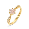 Verstellbarer Ring aus S925 Sterlingsilber vergoldet mit rundem Rosenquarz und Steinen - Einstellbar Offen / Rosenquarz