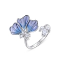 Verstellbarer S925 Silberring mit blauem Emaille Ginkgoblatt und funkelndem Zirkonia - Einstellbar Offen / Silber