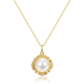 Elegant S925 silver necklace with a large round pearl pendant in a golden leaf frame - 925 Silver / Pendant Only (Without Chain) (PD020816)